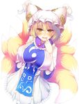  1girl animal_ears blonde_hair blush breasts commentary_request finger_in_own_mouth fox_ears fox_girl fox_tail hat highres huge_breasts multiple_tails naughty_face photoshop_(medium) solo tabard tail touhou wildcat_(kusonemi) yakumo_ran yellow_eyes 