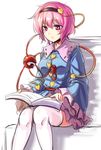  book breasts eyeball frilled_sleeves frills hairband heart highres knees_together_feet_apart koissa komeiji_satori long_sleeves medium_breasts miniskirt pink_hair reading short_hair sitting sketch skirt solo thighhighs third_eye touhou white_background white_legwear 