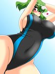  adidas akasode_(tyaramu) armpits arms_behind_head arms_up blush breasts cleavage competition_swimsuit covered_navel green_hair heart highres huge_breasts kazami_yuuka looking_at_viewer one-piece_swimsuit one_eye_closed parody red_eyes short_hair sideboob smile solo swimsuit touhou 