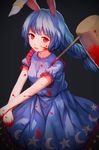  animal_ears blood blood_on_face blood_splatter bloody_clothes bloody_dress bloody_hands bloody_weapon blue_dress blue_hair braid bunny_ears dress glowing glowing_eyes highres kine looking_at_viewer mallet open_mouth puffy_short_sleeves puffy_sleeves red_eyes seiran_(touhou) shone short_sleeves smile solo touhou weapon 