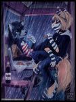  anthro blue_eyes canine clothing collar dragon duo feet female food mammal pizza raining red_eyes sharley sitting 