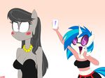  ! 2015 anthro anthrofied black_hair blue_eyes blush breasts cellphone cleavage clothed clothing dress duo equine eyewear female friendship_is_magic glasses gold_(metal) hair horn horse mammal my_little_pony mysteryfanboy718 necklace octavia_(mlp) phone pony sunglasses unicorn vinyl_scratch_(mlp) 