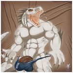  aaron_(artist) abs anthro biceps big_muscles clothed clothing crossgender dinosaur fangs grey_scales half-dressed horn indominus_rex jurassic jurassic_park jurassic_world male muscles open_mouth pecs penis raptor red_eyes saliva scales solo standing swimsuit teeth thong toned tongue topless vein world 