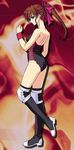  arm back bare_back boots brown_hair clenched_hand female fire gradient gradient_background hair_ribbon knee_boots legs leotard long_hair looking_at_viewer looking_back ponytail ribbon serious solo strapless thunder_ryuko wrestle_angels wrestle_angels_survivor wrestler wrestling_outfit wristband 