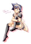  1boy apron black_hair blackhair crossdressing hairband maid maid_headdress pokemon pokemon_(anime) satoshi_(pokemon) simple_background solo thighhighs trap 