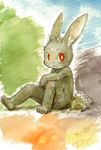  2011 anthro big_ears blush cub fur grey_fur hair_tuft hindpaw inner_ear_fluff lagomorph looking_at_viewer low_res male mammal nude outside paws phthalo_cyanin rabbit red_eyes sitting solo traditional_media_(artwork) watercolor_(artwork) young 