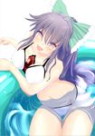  bikini black_hair blush hair_ornament hair_ribbon ishikkoro long_hair midriff navel no_wings open_mouth partially_submerged ponytail pool reiuji_utsuho ribbon sitting smile solo swimsuit third_eye touhou wet white_bikini 