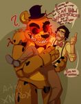  ... ? alter_ego animatronic anthro bear bow claws clenched_teeth clothing crossover dialogue english_text facial_hair five_nights_at_freddy&#039;s footwear fur glowing glowing_eyes golden_freddy_(fnaf) gums hair half-closed_eyes hat holding human machine male mammal markiplier mustache nude open_shirt overalls pants raised_arm raised_leg robot sharp_claws sharp_teeth shirt shoes short_hair spread_legs spreading standing teeth text video_games wilford_warfstache wire xnirox 