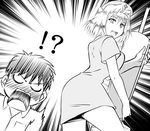  1boy 1girl arcueid_brunestud blush breasts dress emphasis_lines from_behind greyscale hair_intakes hat large_breasts large_syringe monochrome nurse nurse_cap open_mouth oversized_object short_dress smile syringe toono_shiki tsukihime urako 