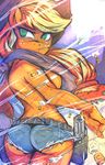  2015 anthro applejack_(mlp) breasts bullet_casings butt cigarette clothed clothing codybackbone dual_handguns earth_pony equine female freckles friendship_is_magic gun half-dressed handgun horse mammal my_little_pony pistol pony ranged_weapon side_boob smoke solo topless weapon 
