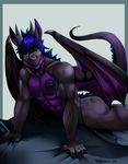  abs bed blue_hair dragon hair horn looking_at_viewer lying muscles myloveless quil red_eyes scalie sergal tattoo thick_tail western_dragon wings 