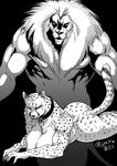  anthro big_breasts big_butt breasts butt cheetah collar duo feline female jyoka lion looking_at_viewer lying male mammal muscles muscular_female nipples simple_background standing 