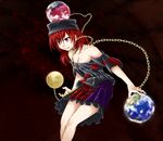  ball_and_chain_restraint bare_shoulders breasts chain cleavage clothes_writing frilled_skirt frills hat hecatia_lapislazuli kanimiso multicolored multicolored_clothes multicolored_skirt off-shoulder_shirt polos_crown red_hair shirt skirt small_breasts smile solo t-shirt touhou 