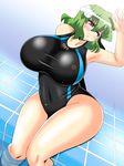  adidas akasode_(tyaramu) blush breasts competition_swimsuit covered_navel green_hair highres huge_breasts kazami_yuuka one-piece_swimsuit one_eye_closed parody pool poolside red_eyes short_hair sitting soaking_feet solo swimsuit thighs touhou water 