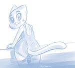  anthro cat clothed clothing feline female looking_at_viewer looking_back mammal nicole_watterson one-piece_swimsuit paoguu partially_submerged rear_view simple_background smile solo swimming_pool swimsuit the_amazing_world_of_gumball water whiskers 