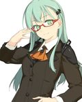  adjusting_eyewear bespectacled commentary_request glasses green_eyes green_hair hand_on_hip jpeg_artifacts kantai_collection long_hair red-framed_eyewear rokuwata_tomoe simple_background smile solo suzuya_(kantai_collection) white_background 
