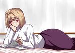  arcueid_brunestud blonde_hair blush breasts chin_rest hair_intakes large_breasts long_skirt lying magazine on_stomach purple_skirt reading red_eyes short_hair skirt smile solo sweater tsukihime turtleneck urako 