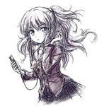  absurdres bow bowtie charlotte_(anime) derivative_work digital_media_player earphones gata2013 highres ipod long_hair looking_at_viewer monochrome ponytail sailor_collar school_uniform single_earphone_removed sketch solo tomori_nao traditional_media white_background 