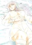  bed_sheet breasts caren_hortensia covered_nipples cowboy_shot expressionless fate/hollow_ataraxia fate/stay_night fate_(series) hair_down hand_on_own_stomach large_breasts long_hair looking_at_viewer lying on_back on_bed parted_lips see-through sideboob silver_hair solo urako yellow_eyes 