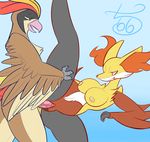  anthro blue_background breasts butt clitoris delphox female gradient_background half-closed_eyes lying male nintendo on_side open_mouth pcred566 penis pidgeot pok&eacute;mon pussy pussy_juice raised_leg simple_background smile spread_legs spreading video_games 