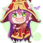  animal animal_ears arm_up bug butterfly chibi cosplay crossover doma_umaru face flying full_body green_eyes hat himouto!_umaru-chan insect komaru komaru_(cosplay) league_of_legends long_hair long_sleeves lulu_(league_of_legends) non-web_source pointy_ears purple_hair smile solo standing tabard very_long_hair yordle 