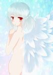  finger_to_mouth from_behind highres kishin_sagume lc looking_at_viewer looking_back nude red_eyes short_hair shushing single_wing solo touhou white_hair wings 