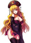  adapted_costume black_legwear black_panties blonde_hair blush breasts chinese_clothes cleavage cleavage_cutout detached_sleeves dress hat highres junko_(touhou) koissa large_breasts lips long_hair long_sleeves looking_at_viewer panties red_eyes short_dress side-tie_panties simple_background sketch smile solo thighhighs touhou underwear white_background wide_sleeves 