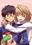  1girl ^_^ arcueid_brunestud birthday black_hair blonde_hair box closed_eyes couple gakuran glasses hair_intakes hetero hug hug_from_behind school_uniform short_hair smile sweater toono_shiki tsukihime turtleneck urako 