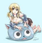  1girl barefoot blonde_hair breasts cleavage fairy_tail feet female happy_(fairy_tail) large_breasts long_hair lucy_heartfilia mashima_hiro simple_background solo tattoo twintails 
