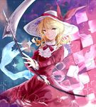  blonde_hair dress drill_hair elly english hat hat_ribbon holding holding_scythe long_sleeves looking_at_viewer puffy_sleeves red_dress ribbon scythe short_hair smile solo text_focus touhou touhou_(pc-98) yellow_eyes yorktown_cv-5 