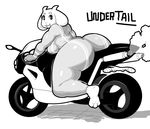  barefoot big_butt breasts butt caprine english_text female goat horn huge_butt hypnofood looking_back mammal monster motorcycle open_mouth skinsuit smile smoke solo text toriel undertale 