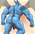  2015 anthro balls big_muscles butt digimon digital_media_(artwork) exveemon faceless_male flaccid male muscles narc nude partially_retracted_foreskin penis rear_view scalie signature sketch solo uncut wings 