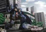  building bullpup car city cloud day gm_quel ground_vehicle gun gundam gundam_0083 machine_gun mecha military military_vehicle motor_vehicle no_humans realistic rifle road science_fiction shield srwsrx_(gp03dsrx) street tank tree type_61_(gundam) weapon 