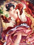  bare_back bare_shoulders black_hair bracelet closed_mouth detached_sleeves dress female flower frills grey_eyes hair_flower hair_ornament hobak jewelry leaf leaves looking_at_viewer necklace pink_flower rose solo tenka_touitsu_chronicle yellow_flower 