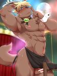  abs blonde_hair blue_eyes blush canine censored chair chest_tuft clothed clothing cotton_(artist) disco_ball fur hair half-dressed inside loincloth male mammal muscles name_tag penis precum sweat topless tuft wolf 