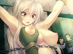 1girl albino areolae arms_up bdsm blonde_hair breasts chains character_request female game_cg helpless large_breasts long_hair mugen_renkan:_chijoku_ni_mamireshi_fushihime_no_rinbu nipples open_mouth puffy_nipples red_eyes solo straight_hair sweat 