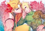  bad_id bad_pixiv_id blonde_hair diego_brando dio_brando flower green_shirt jojo_no_kimyou_na_bouken male_focus multiple_boys shirt sokka_(kbs) steel_ball_run sweater 