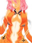  bare_shoulders breasts center_opening cleavage detached_sleeves elbow_gloves gloves guilty_crown hair_ornament hair_over_eyes hairclip highres large_breasts long_hair marker_(medium) navel no_eyes open_mouth pink_hair red_eyes sarina_(tosiyukiryousuke) shaded_face solo traditional_media twintails yuzuriha_inori 