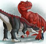  2015 abstract_background allosaurus barefoot black_hair black_skin blue_eyes claws clothing cultmastersleet cute dinosaur eye_contact feral group hair human jeans looking_up male mammal open_mouth petting red_skin scalie shirt side_view simple_background size_difference smile teeth tongue tyrannosaurus_rex white_skin yellow_eyes 