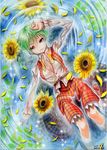  afloat belt breasts cleavage flower green_hair kazami_yuuka large_breasts long_sleeves looking_at_viewer mosho open_clothes open_shirt open_vest petals red_eyes shirt skirt solo sunflower touhou traditional_media vest water 