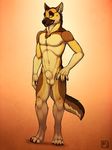  anthro balls barefoot canine claws digitigrade dog fully_sheathed fur german_shepherd half-closed_eyes looking_at_viewer male mammal muscles navel nude orange_background pawpads paws pecs sheath simple_background smile solo spudz standing teeth toe_claws tsaiwolf 