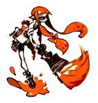  bespectacled bike_shorts brush commentary_request domino_mask fang fangs food fruit full_body giant_brush glasses hair_ribbon hair_tubes highres ink_tank_(splatoon) inkling kiku_(kicdoc) long_hair looking_at_viewer mask monochrome octobrush_(splatoon) orange_(color) orange_eyes orange_hair paint paint_splatter pointy_ears ribbon shoes simple_background smile sneakers solo splatoon_(series) splatoon_1 tentacle_hair weapon white_background 