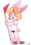  2015 artist_request blonde_hair bloomers blue_eyes blush bunny chaora chest_tuft clothed clothing cub digital_media_(artwork) ear_tuft female flag fur furry gym_uniform hair headband lagomorph mammal open_mouth pink_fur rabbit short_hair simple_background solo sportswear standing tuft white_background young 