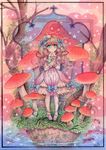  :o anklet blue_eyes border bow dated dress fish goldfish hair_bow hair_ornament hands_on_own_chest jewelry lace long_hair looking_at_viewer mosho mushroom original pantyhose pink pink_dress pink_hair signature solo star traditional_media tree water white_legwear 
