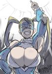  blonde_hair blue_eyes breasts butcha-u cleavage cleavage_cutout commentary_request dated grin hand_on_hip huge_breasts looking_at_viewer mask pointing pointing_up rainbow_mika signature smile solo street_fighter street_fighter_v twintails 