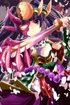  armor black_hair face_mask headdress highres katana long_hair looking_at_viewer mask pikomarie purple_eyes puzzle_&amp;_dragons skirt solo sword twintails very_long_hair weapon yomi_(p&amp;d) 