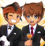  bad_id bad_pixiv_id ball brown_hair crossover cup drinking_glass endou_mamoru formal grin headband highres inazuma_eleven inazuma_eleven_(series) inazuma_eleven_go looking_at_viewer male_focus matsukaze_tenma matsumoto_achi multiple_boys necktie one_eye_closed open_mouth red_neckwear smile soccer_ball telstar time_paradox 