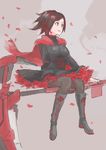  1girl boots brown_hair cape flower highres lolita_fashion petals rose rose_petals ruby_rose rwby scythe short_hair silver_eyes simple_background solo takenisketch 