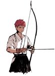  archery arrow black_hakama bow_(weapon) brown_gloves closed_mouth cowboy_shot emiya_shirou fate/stay_night fate_(series) frown gloves hakama holding holding_arrow holding_bow_(weapon) holding_weapon j_(onjj) japanese_clothes kyuudou male_focus partly_fingerless_gloves red_hair shade simple_background single_glove solo weapon white_background yugake 