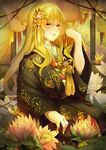  alternate_costume alternate_hairstyle bad_hands bad_id bad_pixiv_id blonde_hair braid flower hair_ornament highres japanese_clothes kimono kirisame_marisa long_hair long_sleeves looking_at_viewer lotus open_mouth partially_submerged sitting solo touhou vieny water wide_sleeves yellow_eyes yukata 